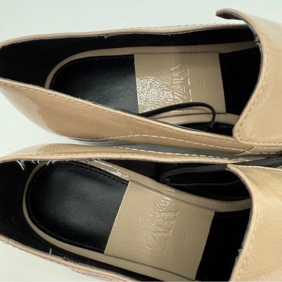 Zara Taupe Patent Loafers Women’s Square Toe Low Heel Slip On Shoes Size 6.5 US - Picture 10 of 16